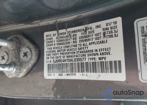 2010 Honda Cr-V Ex-L from USA, damaged, VIN 5J6RE4H70AL030577